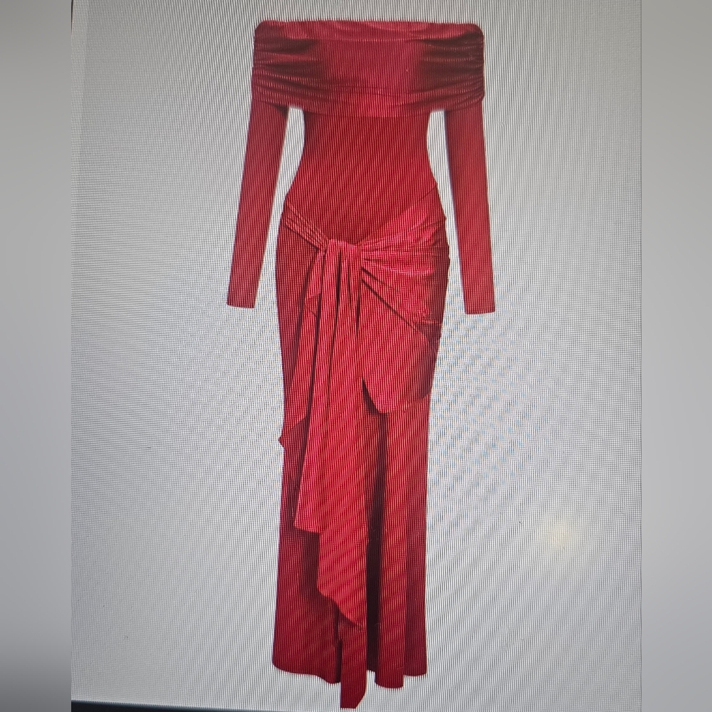 Off-the-Shoulder Long Sleeve Red Draped Maxi Dress